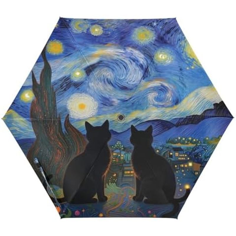 UV50+ Black Cats Starry Night ร่มเปิดอัตโนมัติ เหมาะสําหรับรถ กอล์ฟ และ On-the-Go พร้อมเคสลาย ร่มขนา