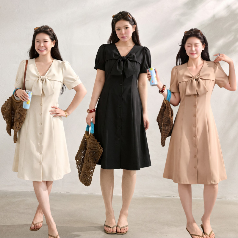 S-6XL ชุดเดรสผู้หญิง Dress เดรส ดีเทลโบว์ ใส่สบาย เนื้อผ้าระบายอากาศ ออกเดท คาเฟ่ ชุดสาวอวบ ชุดออกงาน พร้อมส่ง