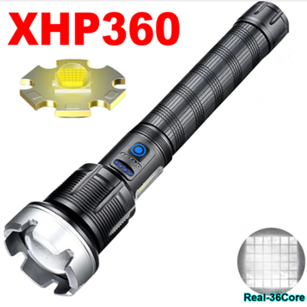 พลังงานสูง XHP360-36หลักไฟฉายไฟฉายสว่างสุด26650ชาร์จซูมโคมไฟสําหรับตั้งแคมป์