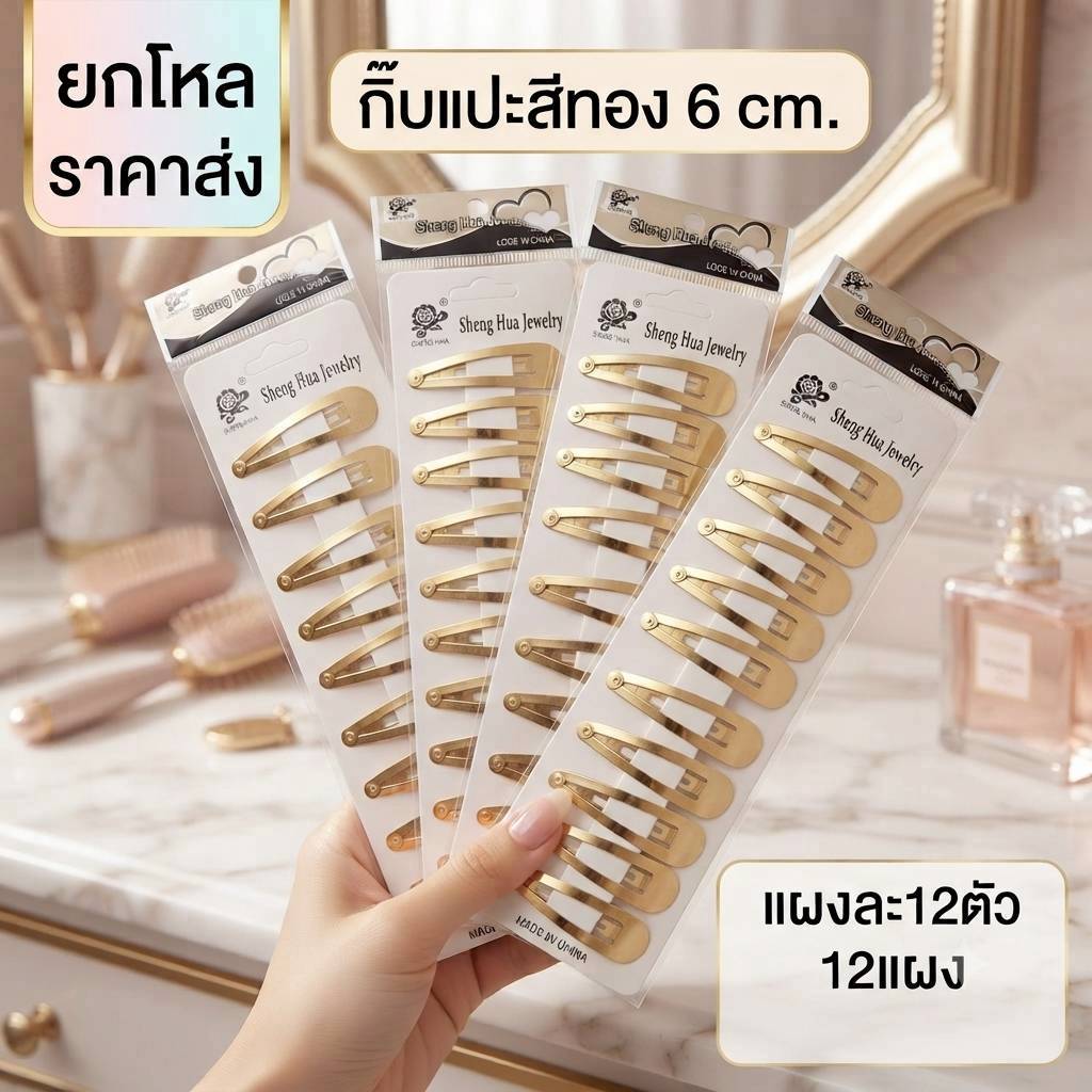 G027 ยกโหล กิ๊ฟแปะสีทอง ขนาด 6 cm. แผง 12 ตัวได้ 12 แผง