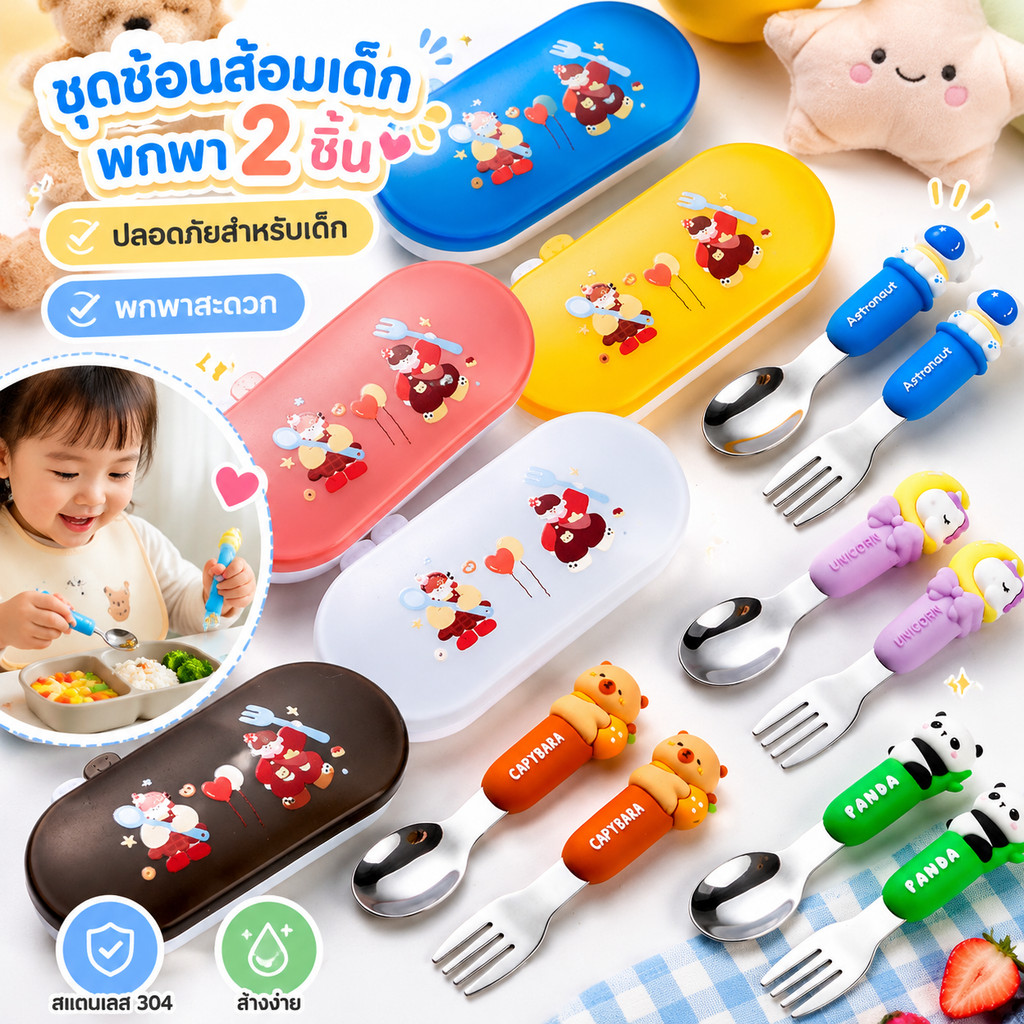ชุดช้อนส้อมเด็ก สแตนเลส304 ด้ามจับกันลื่น พร้อมกล่องเก็บ