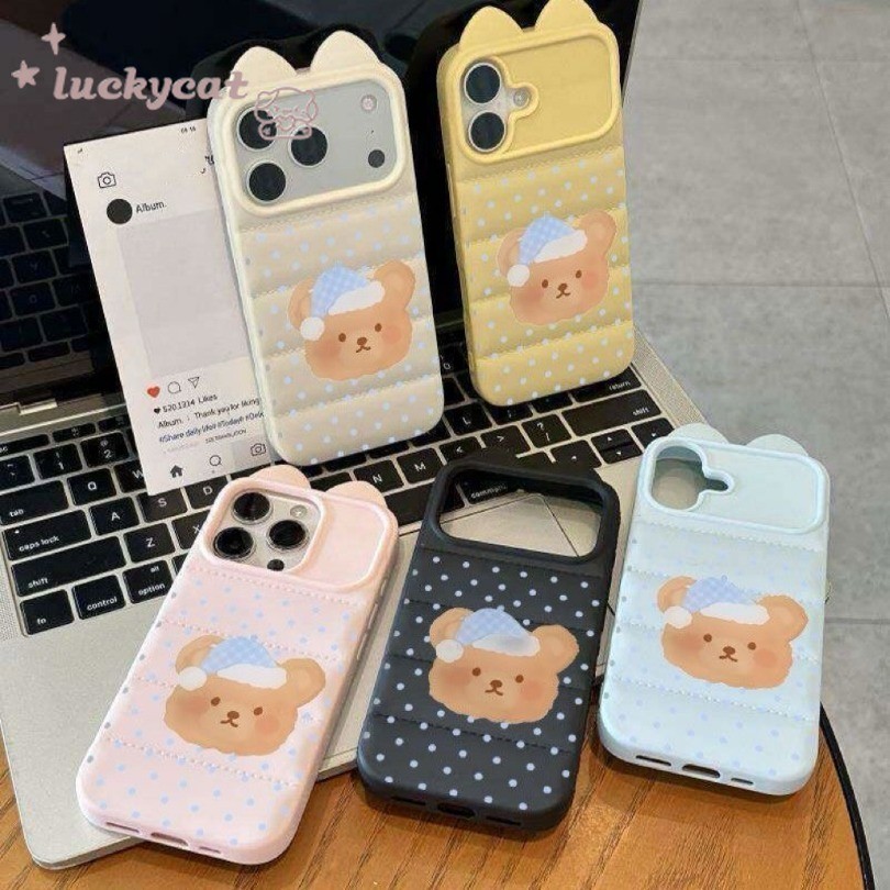 Insจุดน่ารักสวมหมวกหมีหูแมวนุ่มเคสโทรศัพท์สําหรับiPhone 17 16 15 14 13 12 11 Pro Max 16 15 14 Plus