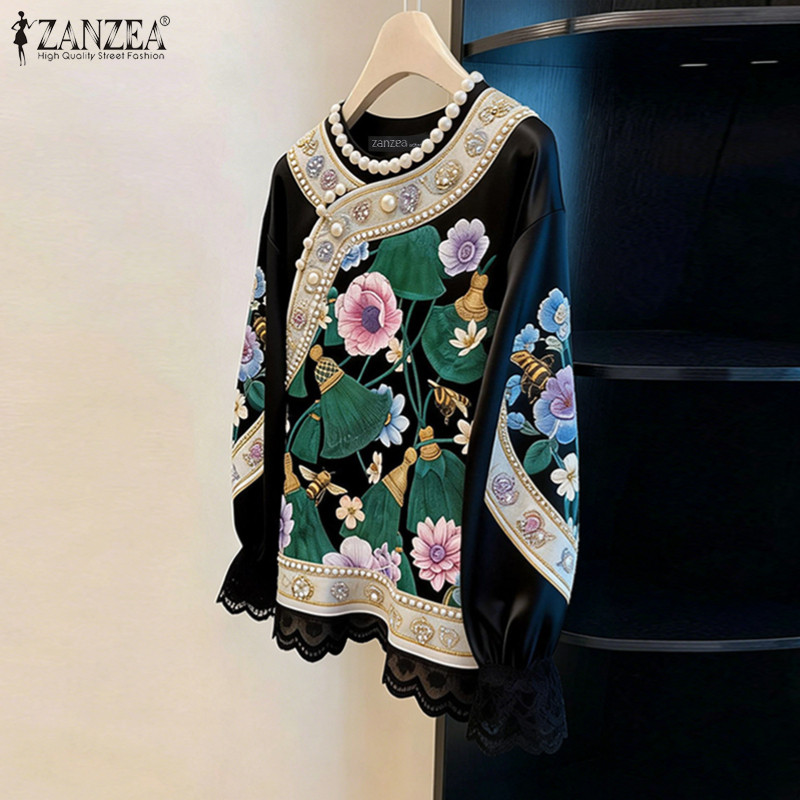 ZANZEA ซานเซีย ผู้หญิงเกาหลีวินเทจสไตล์จีนรอบคอแขนโคมไฟพิมพ์ลายดอกไม้ประดับด้วยลูกปัดเสื้อ — صورة 4