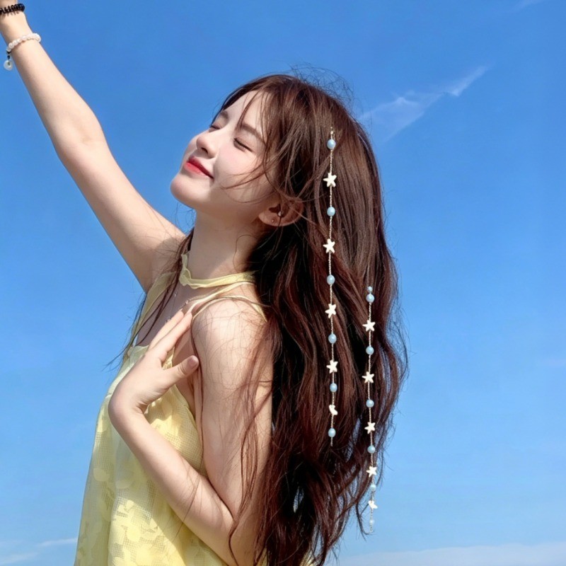 ปลาดาวเปลือกหอยผมโซ่กิ๊บชายหาดนางเงือกถักเปียเครื่องประดับผมวันหยุดชายฝั่งเครื่องประดับผม