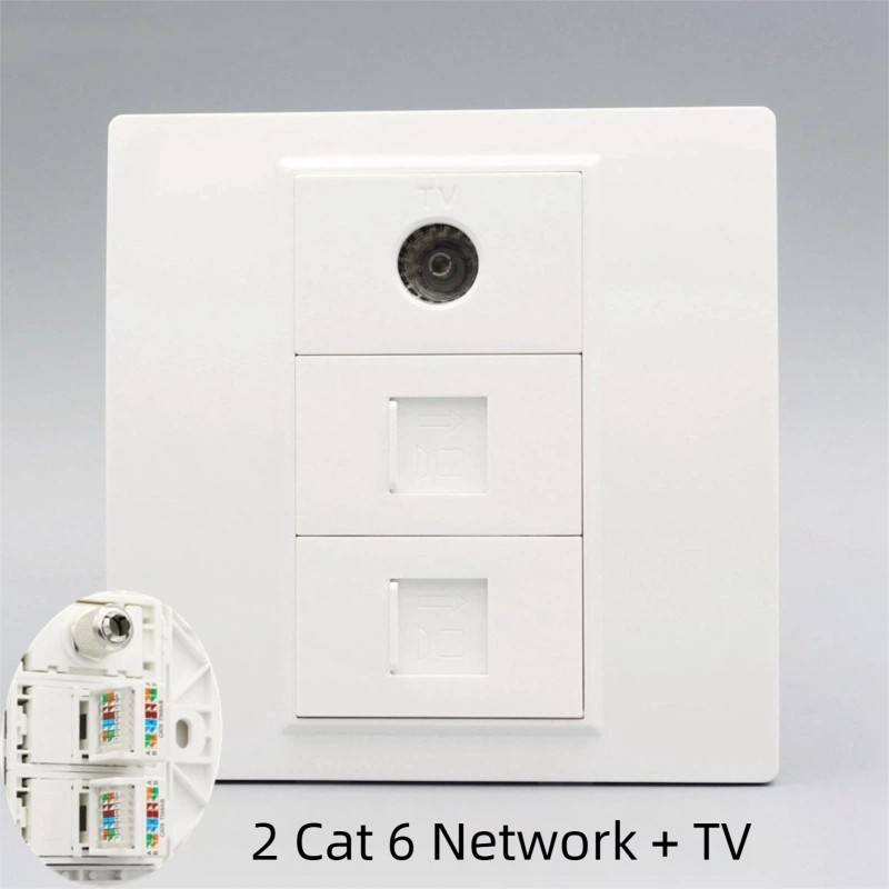 3 in 1 Wall Socket 86 ประเภท 2 พอร์ต CAT6 RJ45 Gigabit LAN + 1 TV Coaxial CATV Combo Wall Faceplate 