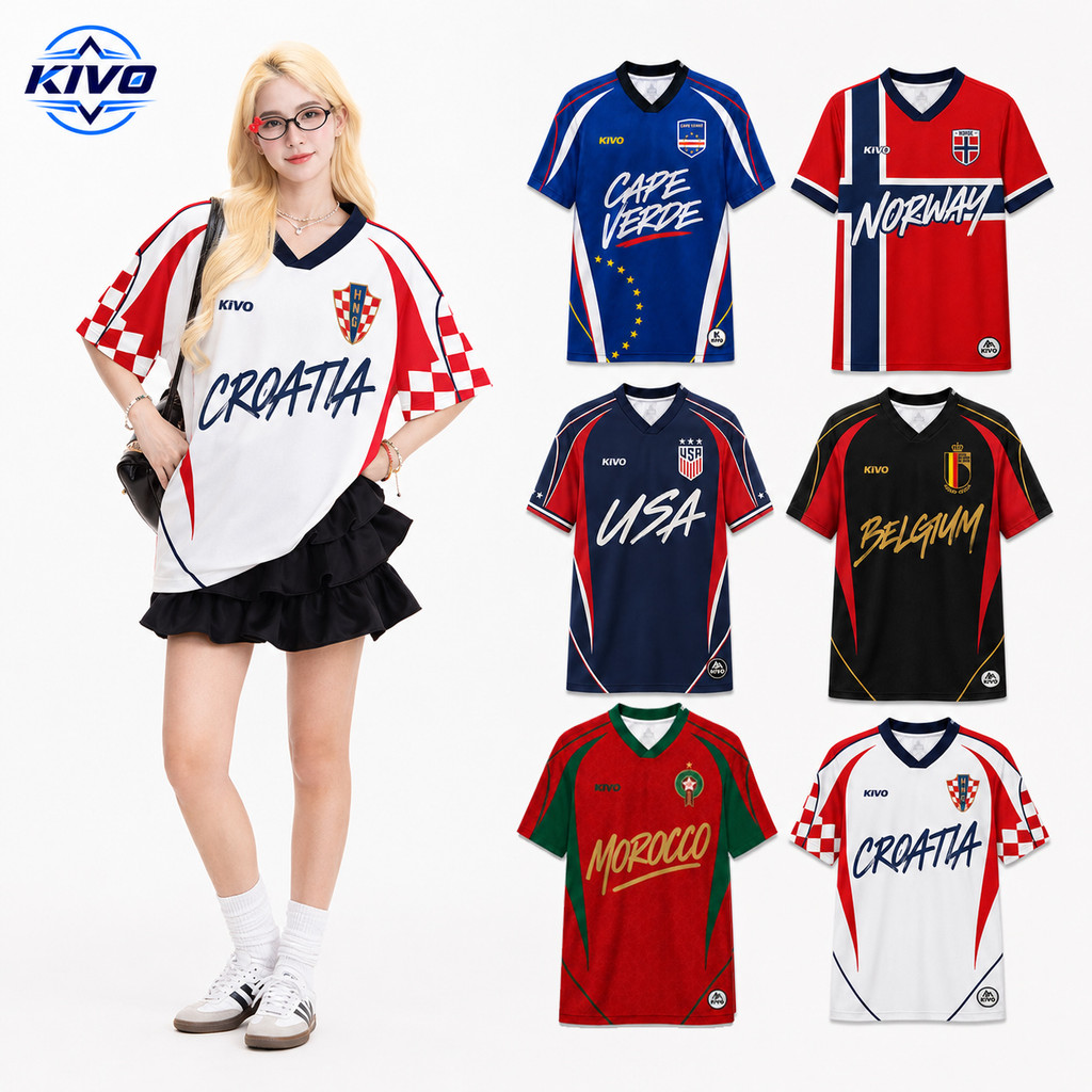 พร้อมส่ง!! เสื้อฟุตบอลแฟชั่นผู้หญิง KIVO SPORT ลายโครเอเชีย ทรงหลวม คอวี ผ้าเมช 150G แห้งไว ใส่สบาย Oversize 2XS-6XL