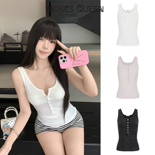 MOSESQUEEN โมเสสควีน เสื้อคล้องคอติดกระดุมทุกข์ย้อนยุคสไตล์อเมริกันสําหรับผู้หญิงใส่เป็นเสื้อตัวนอกดีไซน์คอยูไม่มีเส้น #63903