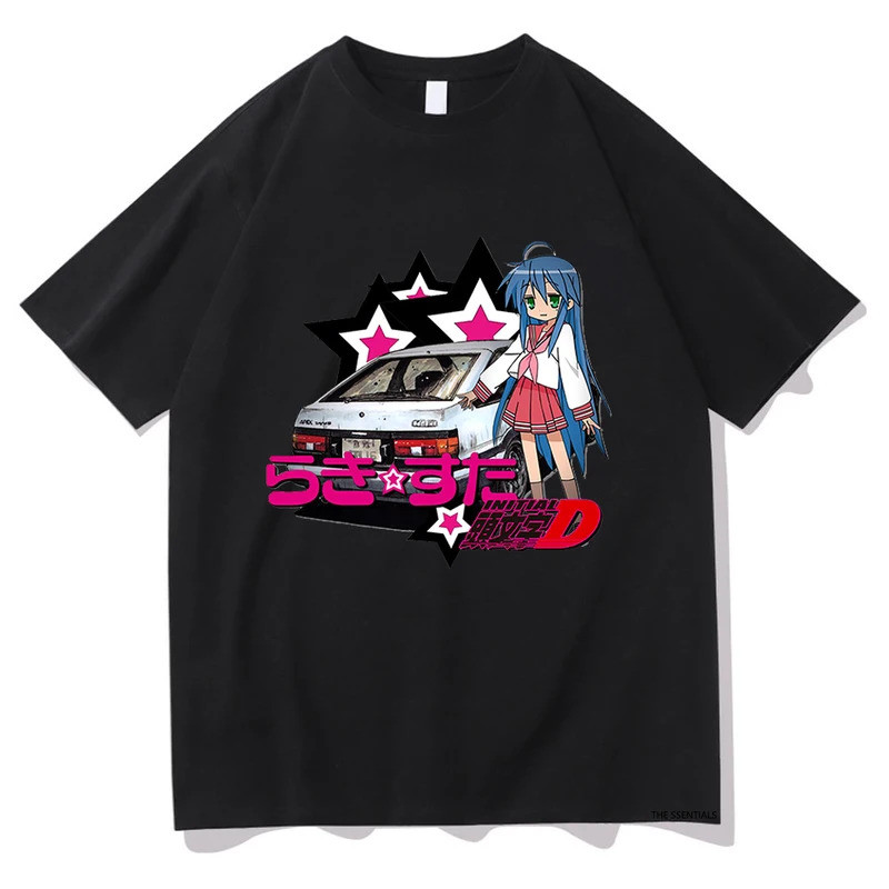 เสื้อยืด Lucky Star Konata Izumi x Initial D AE86 สีดำ ผ้าฝ้าย ลายคอนาตะ รถสปอร์ต AE86 ดาวสีชมพู สำห