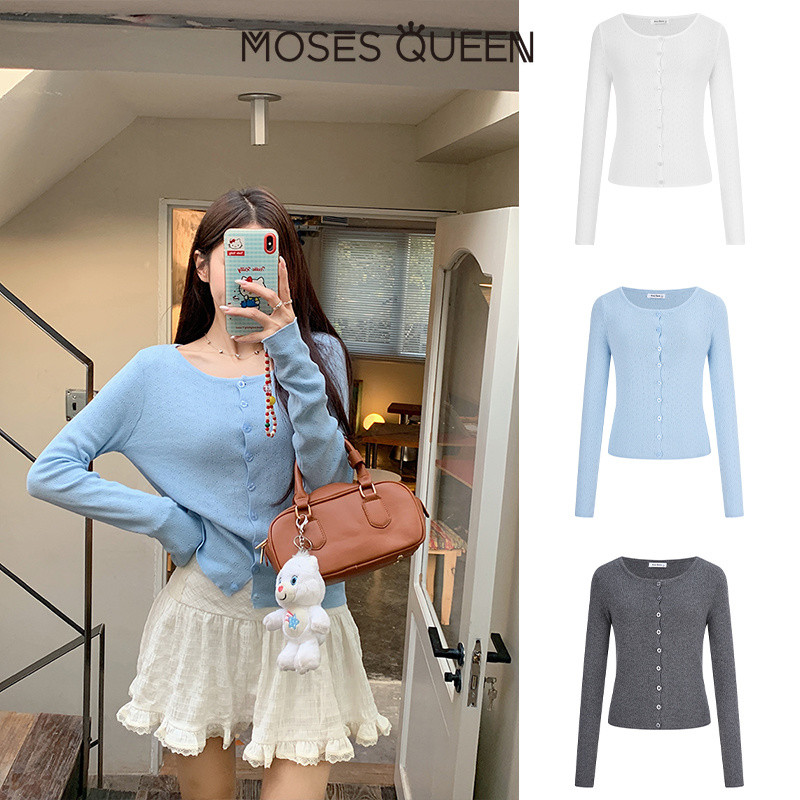 MOSESQUEEN เสื้อคอต่อมแบบผ้าถักบาง รูปทรงเรียบง่าย แขนยาว ใส่สบาย ทั้งในและนอก ใช้ได้หลากหลาย สำหรับการเดินทางประจำวัน #69001