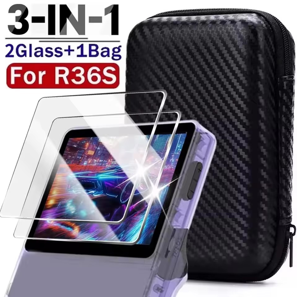 4 IN 1 Case+Glass for R36S Game - Travel Carrying Storage Bag & Screen Protectors - ฟิล์มกระจกนิรภัย