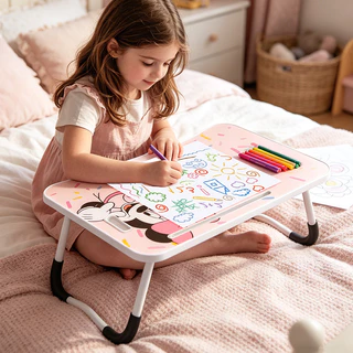 Disney โต๊ะวางโน๊ตบุ๊คบนเตียง โต๊ะพับอเนกประสงค์สไตล์ญี่ปุ่น 60x40 ซม. มีลิ้นชัก/ช่องวางแก้ว สำหรับเด็ก-วัยทำงาน