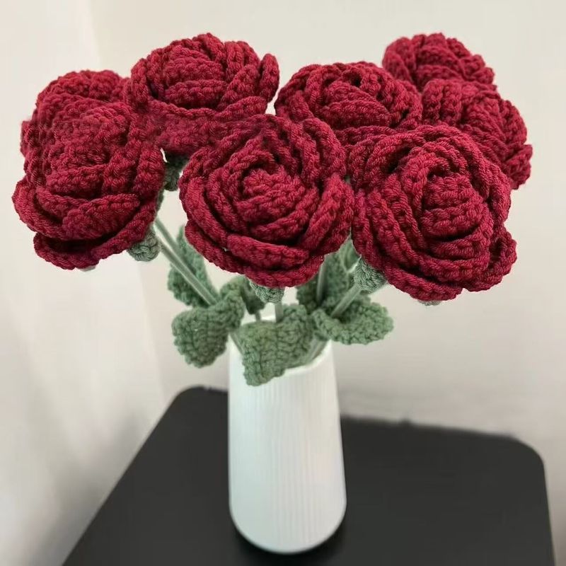 成品钩针编织玫瑰花手工毛线花束教师节* 礼物母亲节国庆节朋友闺蜜Creative Weaving Handmade Knitted Yarn Bouquet Simulation Flower Tea