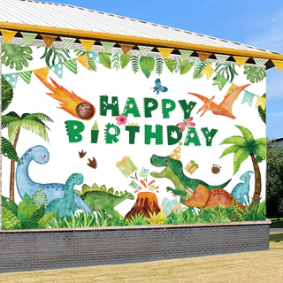 GeeParty ฉากหลังไดโนเสาร์ดาวหาง 150x100 ซม. แบนเนอร์ Happy Birthday ตกแต่งวันเกิดเด็ก ธีมไดโนเสาร์ ฉากถ่ายรูป ของตกแต่งป