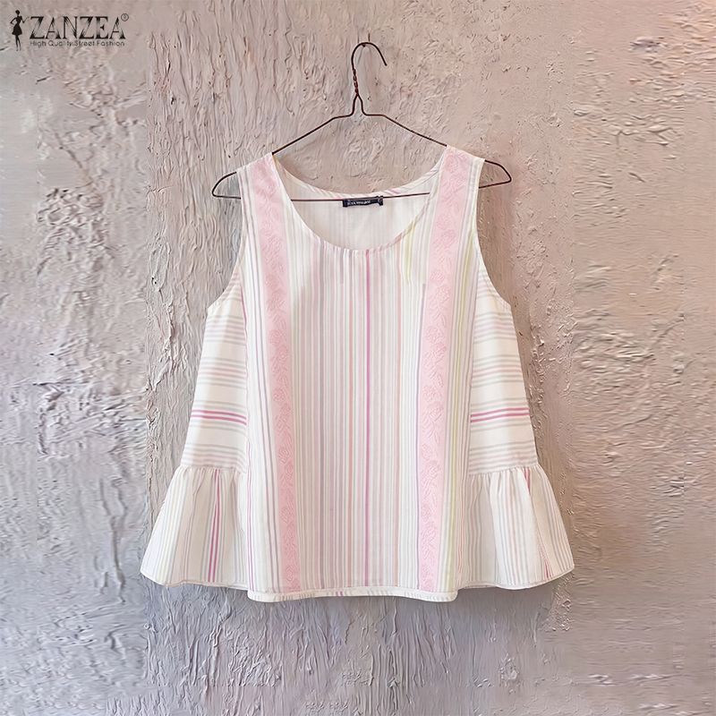 ZANZEA ผู้หญิงเกาหลีวันหยุดลําลองรอบคอแขนกุด Ruffles Pleats ลายพิมพ์ฤดูร้อน A-Line Tanks — صورة 5