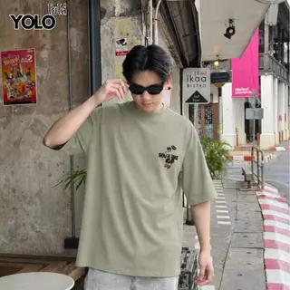 YOLO เสื้อยืด OVERSIZE เสื้อยืดโอเวอร์ไซส์ เสื้อยืดแขนสั้น คอเสื้อหนา 1 นิ้ว ผ้าฝ้ายแท้ ทรงหลวม Y2623023