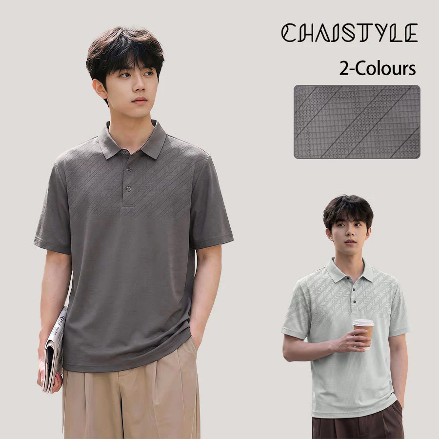 Chaistyle เสื้อโปโลผู้ชาย รุ่นใหม่ฤดูร้อน ระบายอากาศได้ดี ผ้าไอซ์ซิลค์ แขนสั้นพิมพ์ลายทาง แห้งเร็ว ชุดคุณพ่อวัยกลางคน
