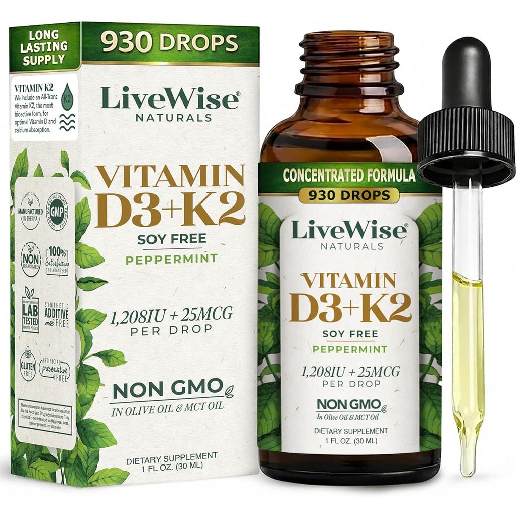 Live Wise Naturals วิตามิน D3 K2 (MK-7) หยดเปปเปอร์มินท์สําหรับผู้ใหญ่ - 930 หยด, สูตรเข้มข้นพิเศษ, 