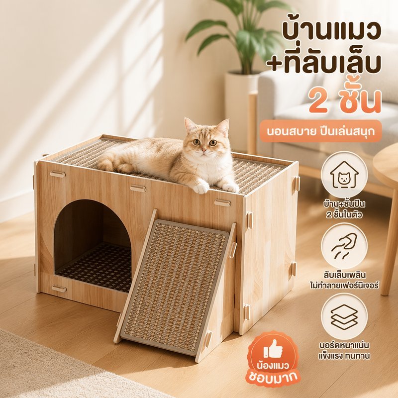 คอนโดแมวไม้ โดมนอนใส โครงปีนแมว สองชั้น ที่ลับเล็บแมว ของเล่นแมว บ้านแมว