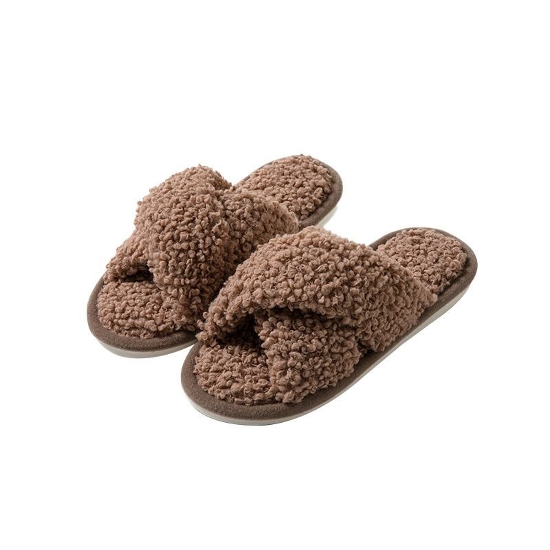 ใหม่ Four Seasons Home Fuzzy Cross Strap รองเท้าแตะผ้าฝ้ายผู้หญิงผิวหรูหรารองเท้าแตะผ้าฝ้ายรองเท้าแต