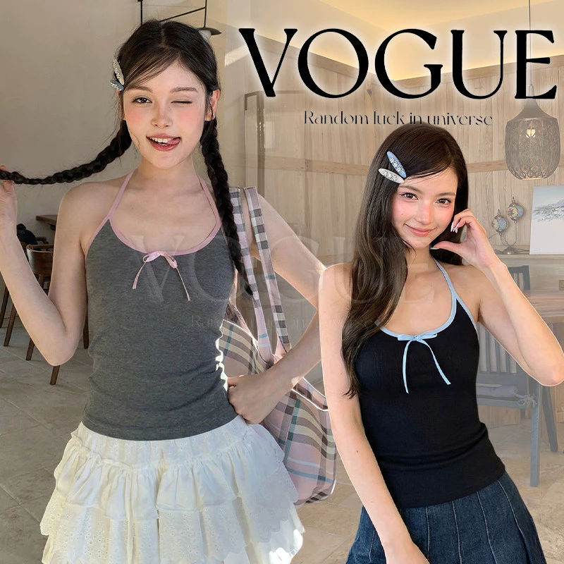 Vogue🌟พร้อมส่ง🌟 เสื้อยืดสายเดี่ยวสีพื้นดีเทลเรียบๆ ทรงเข้ารูปผูกโบว์ มีฟองน้ำในตัวใส่ได้ทุกวัน (FY669)
