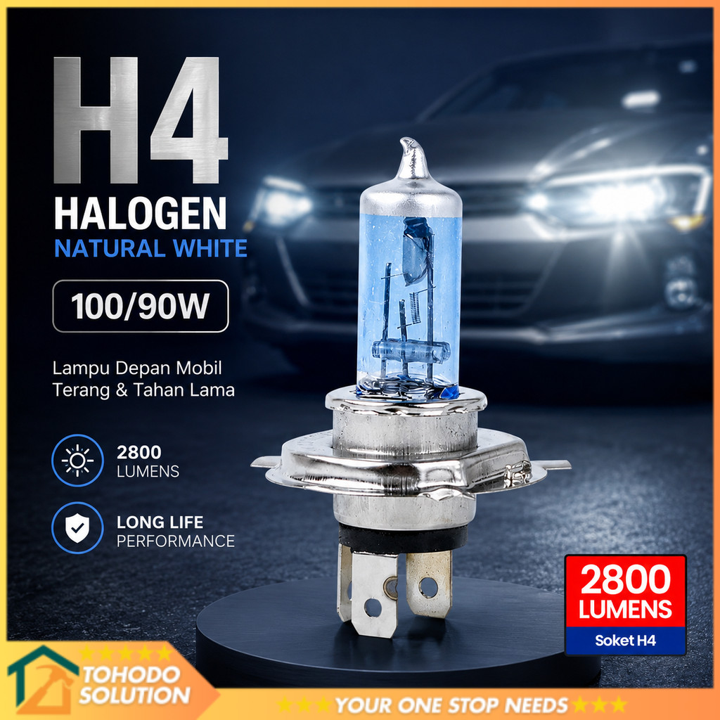 ไฟหน้ารถฮาโลเจน H4 สีขาวธรรมชาติ 100/90W 1PC - P43T