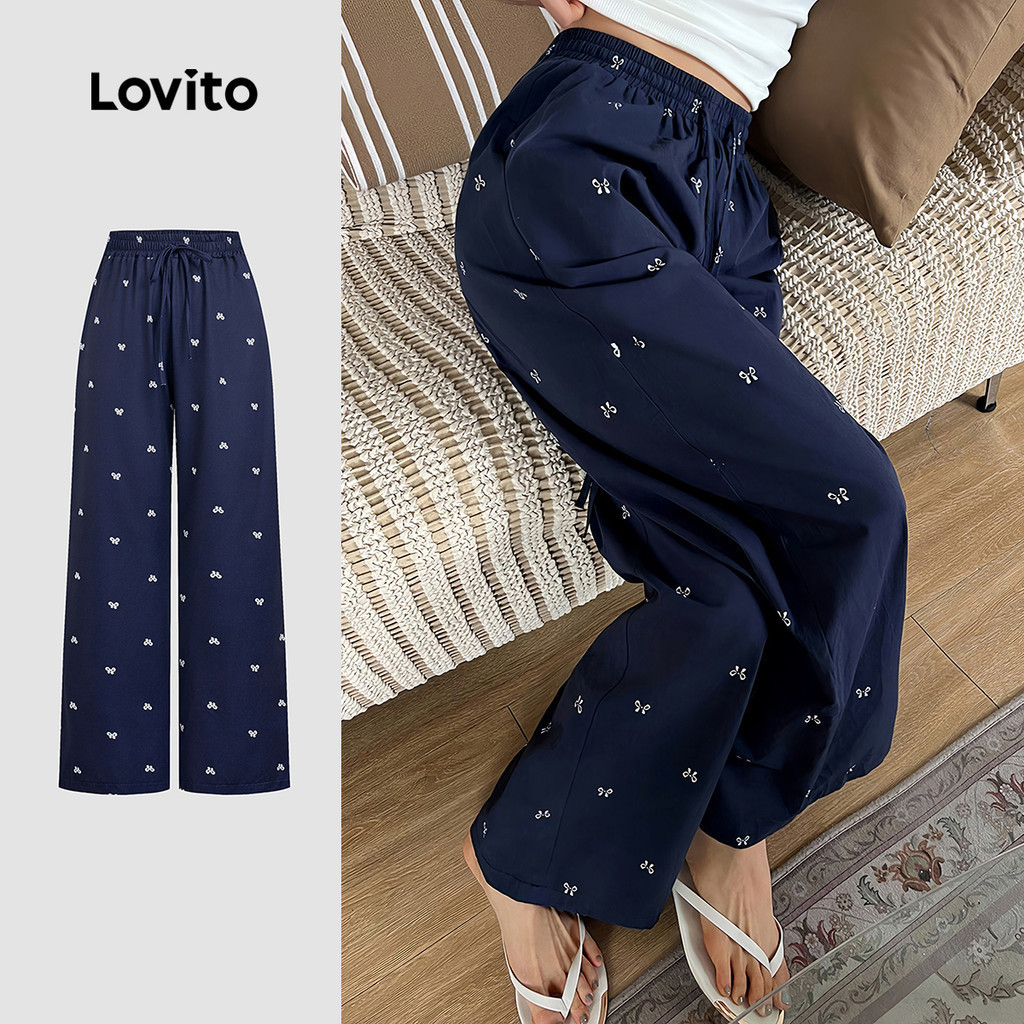 Lovito แคชชวล กางเกงลําลองผู้หญิงสําหรับฤดูใบไม้ผลิ/ฤดูร้อน ผูกโบว์ กางเกงพักผ่อน L178ED606