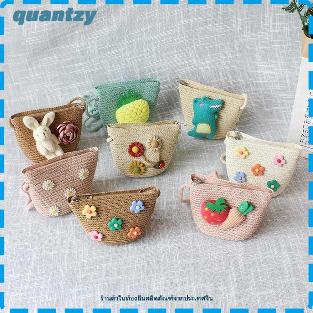 QUANTZY ทอกระเป๋าสะพายข้าง,น่ารักฤดูร้อนกระเป๋าสะพายฟาง,แฟชั่นดอกไม้แฮนด์เมดเด็กกระเป๋าใส่เหรียญมินิเด็กผู้หญิง