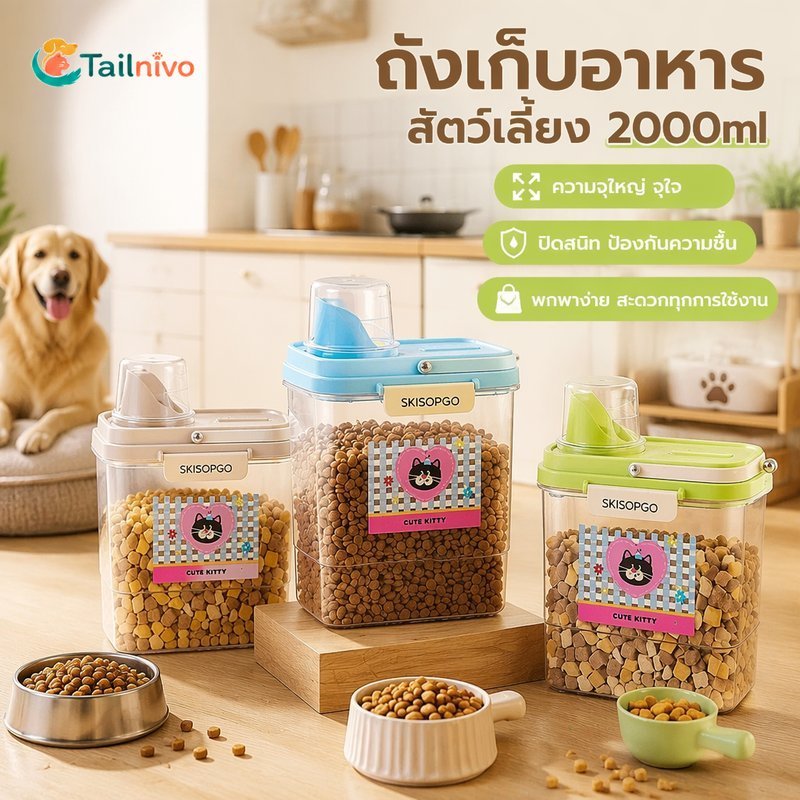 ภาชนะเก็บอาหารสัตว์เลี้ยง 2000มล สุญญากาศกันความชื้น หน้า พลาสติกจับประหยัดพื้นที่