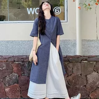 mimi-ชุด 2 ชิ้น สำหรับผู้หญิง:เดรสเชิ้ตทรงหลวมลายตารางสไตล์ญี่ปุ่นสุดอาร์ต + กางเกงขายาวทรงบานลำลอง สไตล์เกาหลี#99555+56