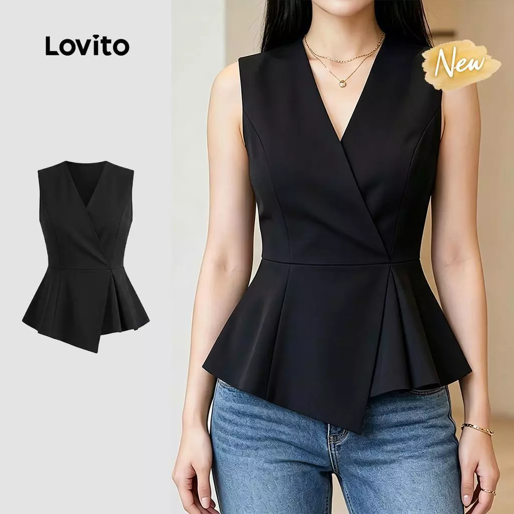 (New Arrival) Lovito เสื้อท็อปผู้หญิงสีดําทรงไม่สมมาตร สไตล์ฤดูใบไม้ผลิ/ฤดูร้อน TKK8P1D616
