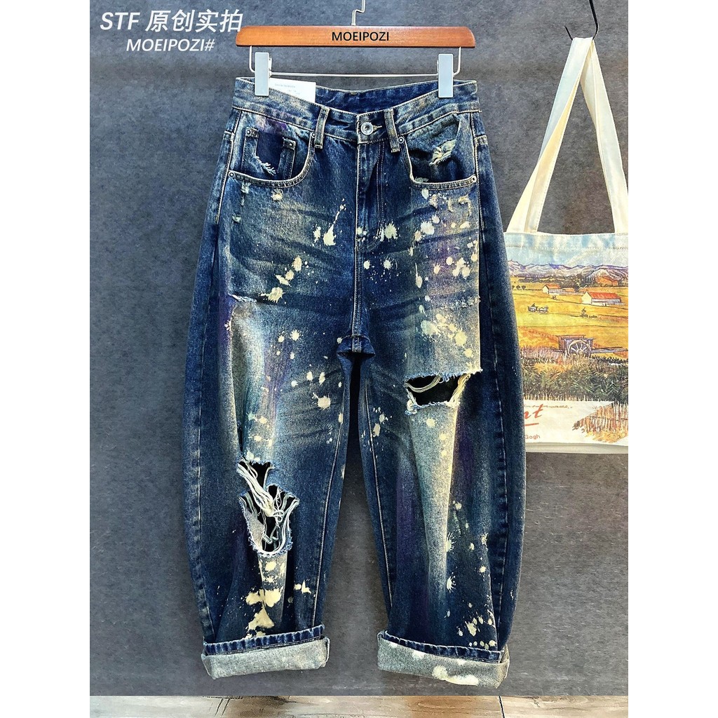 American Street Wear Casual Pants Mens Ripped Splashing Ink Loose Large Straight Fashion Japanese St
