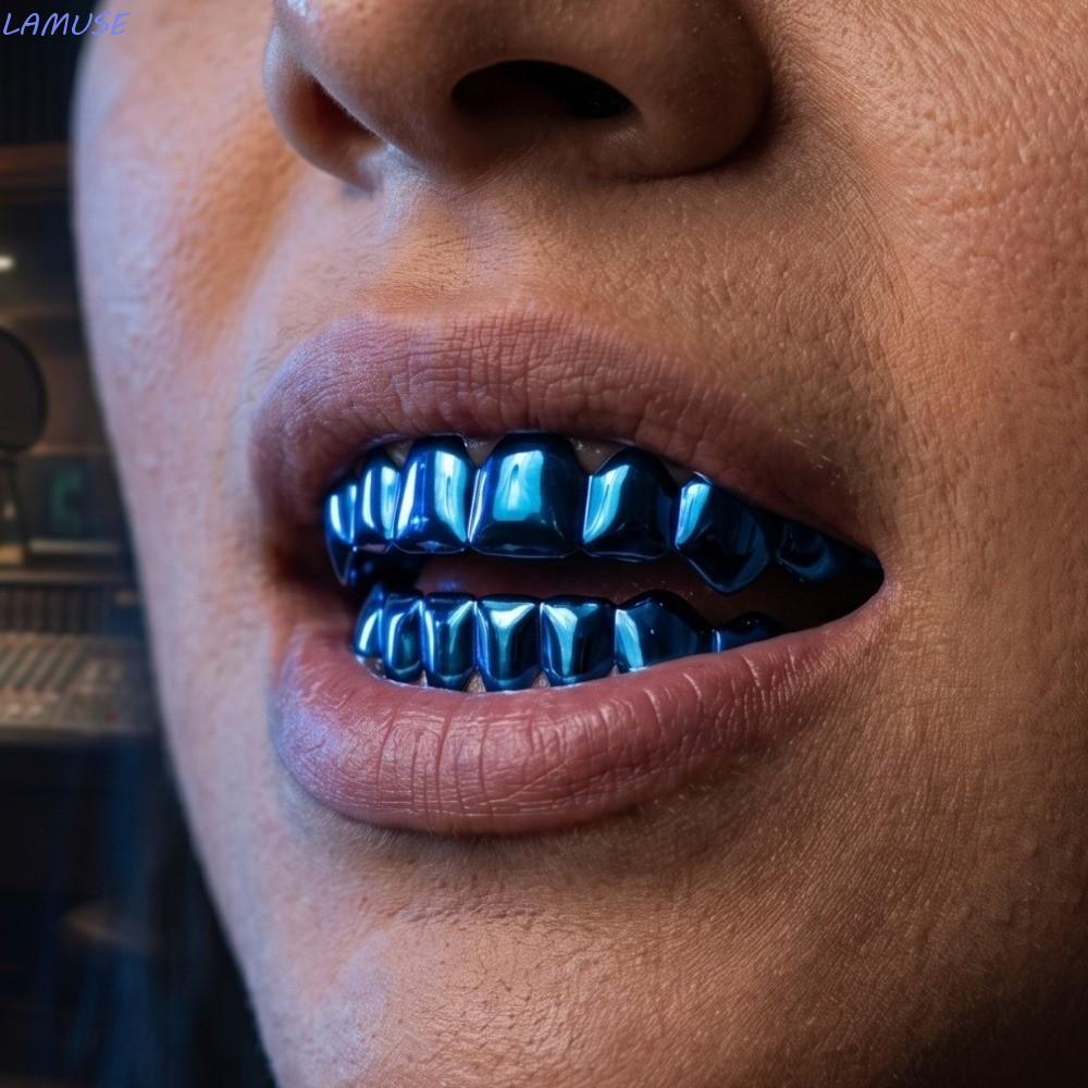 LAMUSE ฟัน Grillz ชุดด้านล่างด้านบน, สีฟ้าสีสันสดใสเคลือบเงาฟัน Grillz หมวก, กันลื่นเป็นมิตรกับสิ่งแวดล้อมทองแดง Hip-Hop ฟันเครื่องประดับคอสเพลย์
