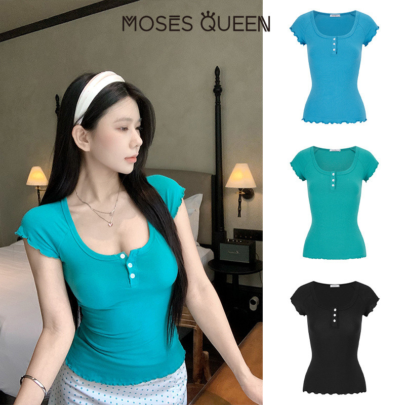 MOSESQUEEN เสื้อท็อปสตรีแขนหูไม้แขนสั้น - ดีไซน์ฤดูร้อนที่มีสไตล์เฉพาะตัว ใส่พอดีและกระชับสัดส่วน #63937