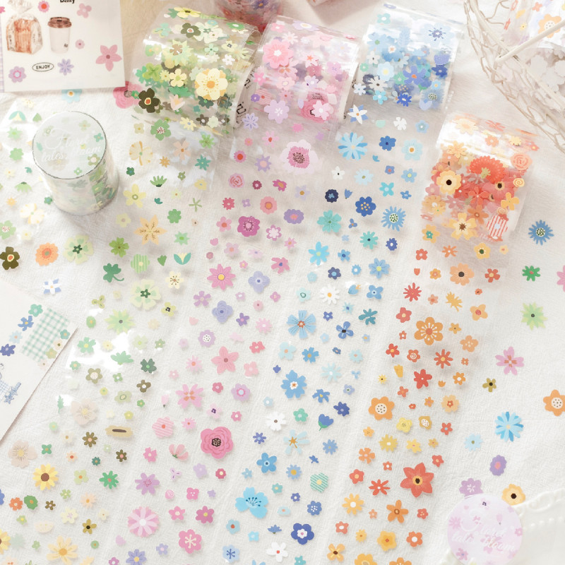 QOUZMO 1Roll 50mm2m Pastel Flower Die-Cut Tape ไร้ขอบ Kiss-Cut กระดาษสังเคราะห์ Self-Adhesive สําหรั
