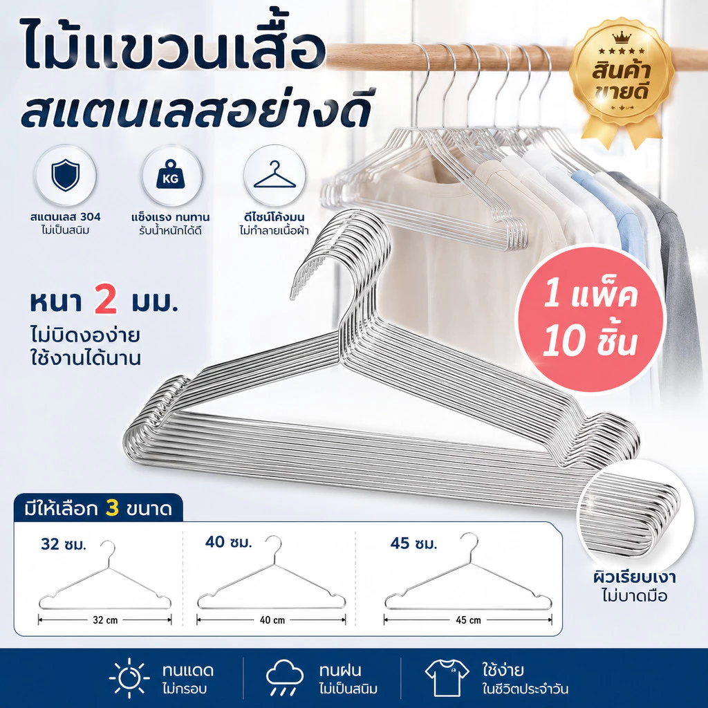 ไม้แขวนเสื้อสแตนเลสอย่างดี ไม้แขวนเสื้อ 32 ซม. 40 ซม.และ 45 ซม.หนา 2 มม. แพ็ค 10 ชิ้น/ที่หนีบผ้า 20 ตัว