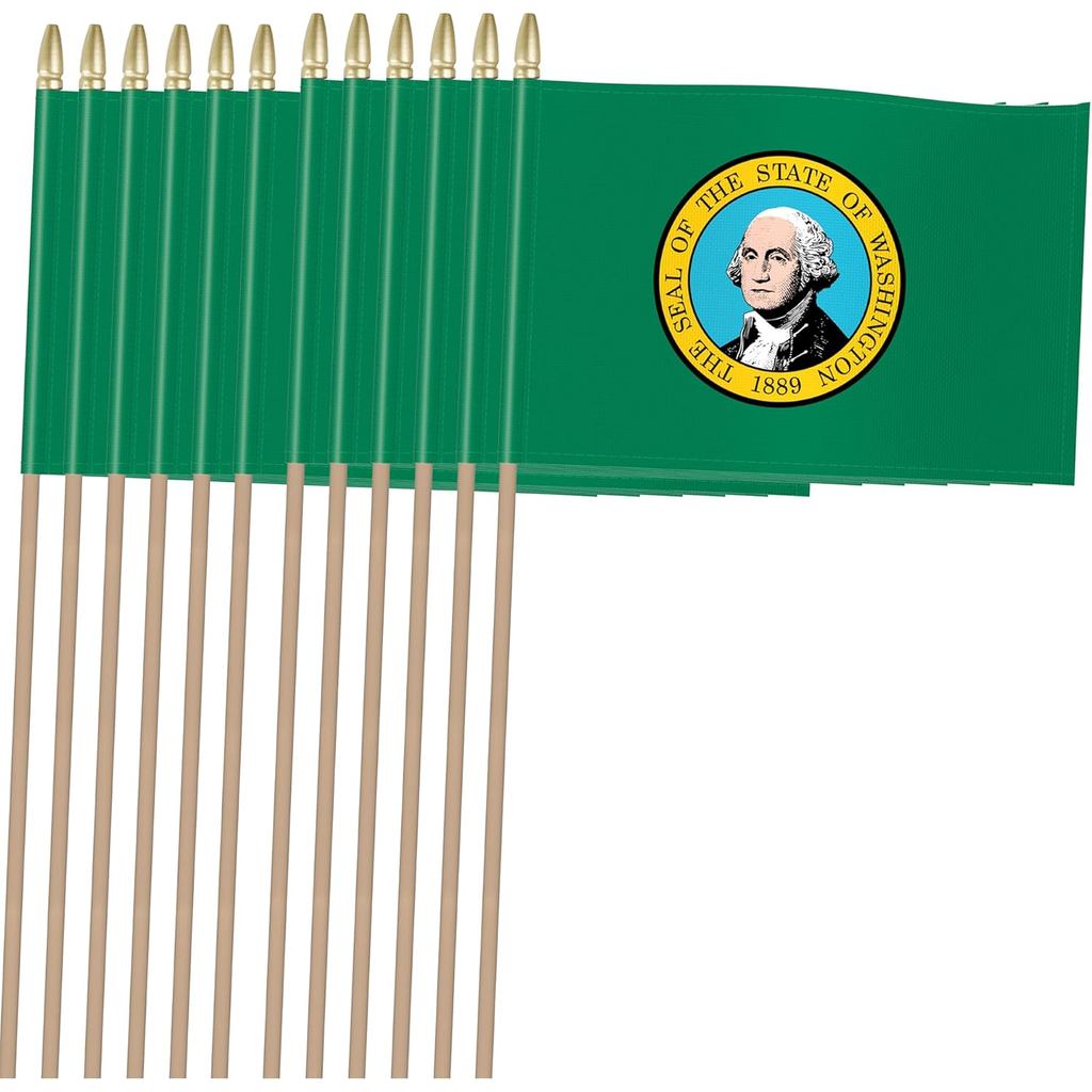 Heavy Duty 12 Pack 4x6 นิ้ว (ขนาดจริงจริง 4.9x7.4 นิ้ว) Small Washington State Flags on Stick, Handh