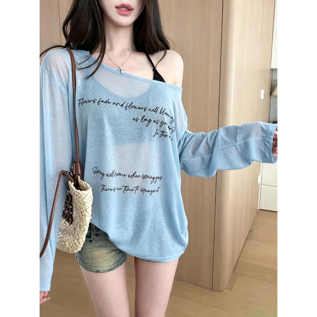 CODเสื้อคลุมกันแดดผู้หญิงสไตล์อเมริกันแนว ฮอตเกิร์ล" เนื้อบางเบา โปร่งแสงเล็กน้อย ใส่ได้ในห้องแอร์ ฤดูร้อน ทรงหลวม สบายๆ