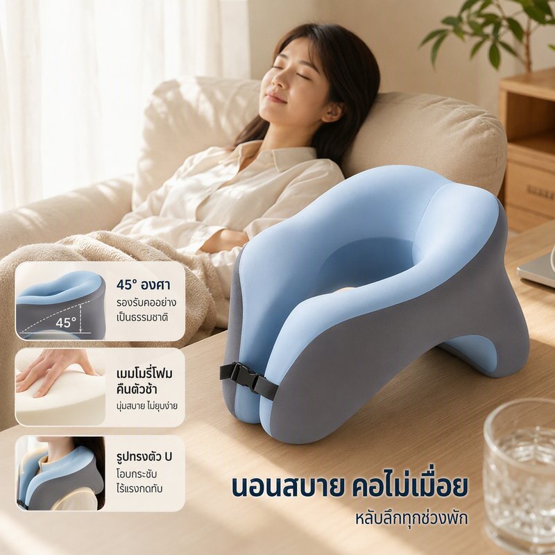 หมอนพักกลางวัน เมมโมรี่โฟม ทรง U รองคอ 45 องศา ช่องสอดแขน ระบายอากาศ หมอนนอนโต๊ะ