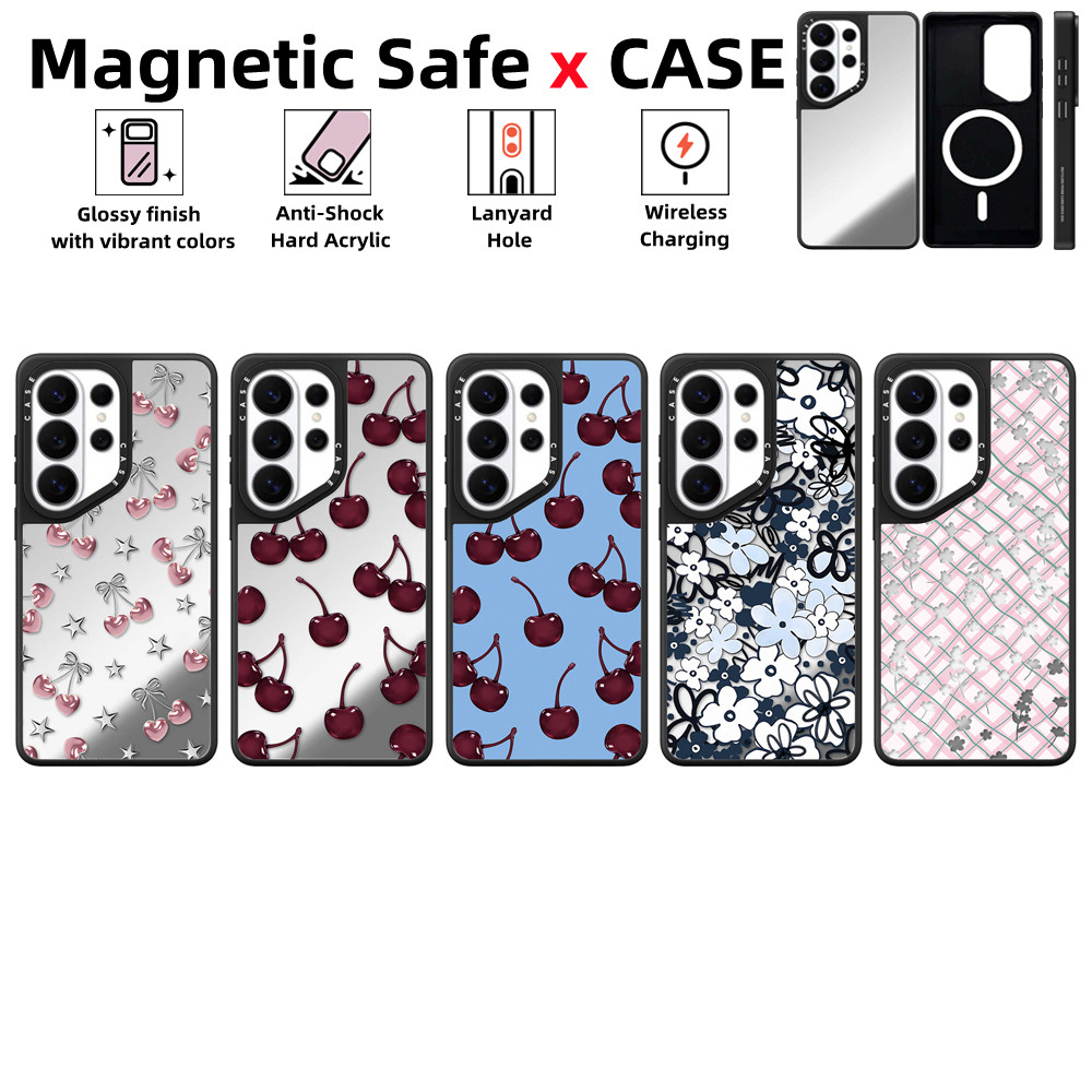 เหมาะสําหรับ Samsung Galaxy S26 S25 S24 Ultra S23 Plus เคสโทรศัพท์Metallic สีชมพู Cherry Bow Mirror แม่เหล็กปลอดภัยปลอกกันกระแทกความต้านทานฝาครอบป้องกัน