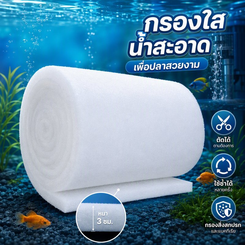ใยแก้วกรอง ตู้ปลา ผ้าฝ้ายกรอง หนา 3 ซม แผ่นกรองน้ำ ตัดได้ ใช้ซ้ำ กรองสิ่งสกปรก กักแบคทีเรีย