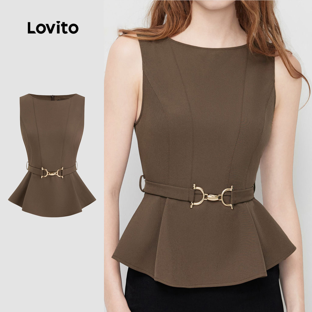 Lovito เสื้อเบลาส์ผู้หญิงสีมอคค่า ดีไซน์หรูหรา พร้อมเข็มขัดหัวเข็มขัดโลหะและระบายชายเสื้อ สําหรับฤดูใบไม้ผลิ/ฤดูร้อน LK3ED115