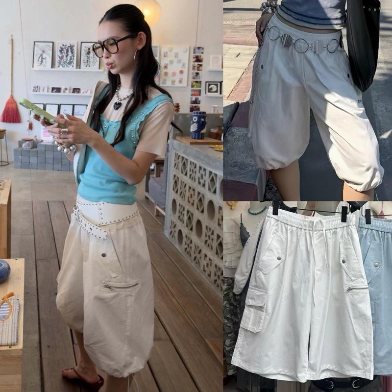 BY0661 กางเกง4ส่วนดีไซน์คาร์โก้ ขากว้าง ปลายขารูดได้ benly co