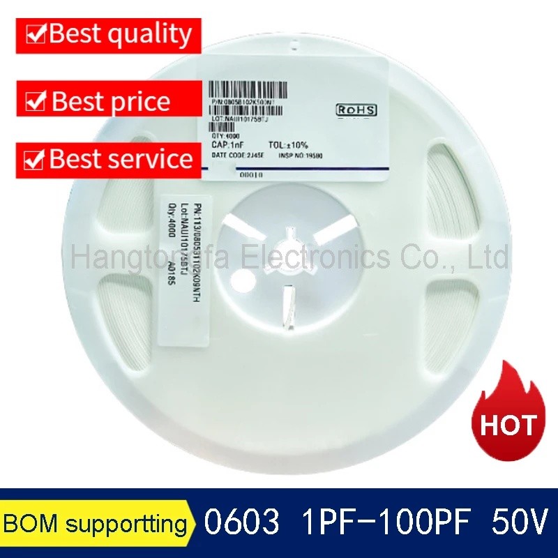 4000PCS ชิปตัวเก็บประจุ 0603 2.7P 4.7P 10P 22P 33P 47P 75P 100P PF 1608 101J NPO 50V A REEL ตัวเก็บป