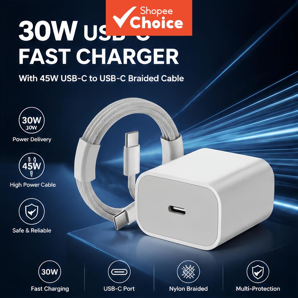 ชุดชาร์จเร็วพิเศษ 30W PD พร้อมสาย USB-C ถักคุณภาพสูง รองรับ iPhone 15/16/17 และมือถือ Android