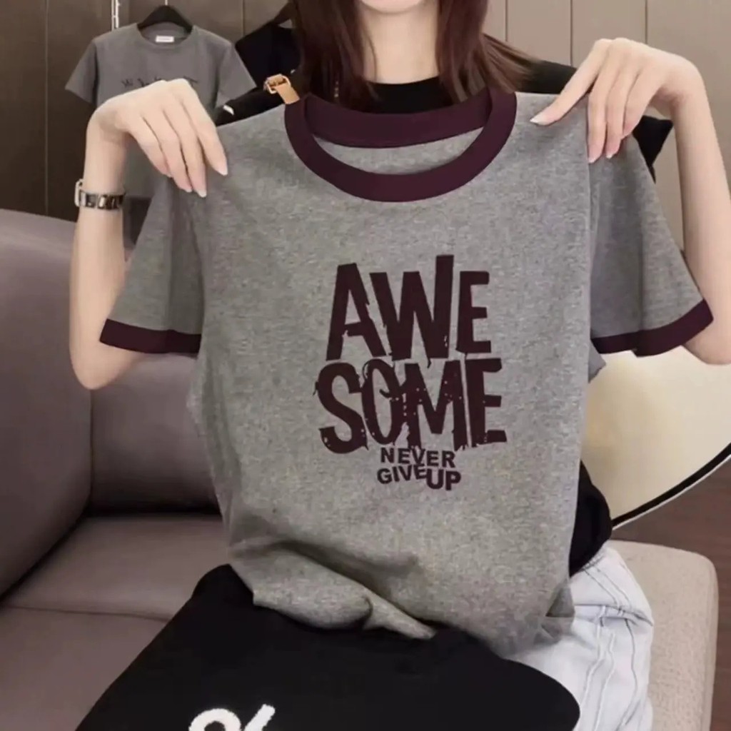 0.00 ผู้หญิงลายแฟชั่นเสื้อเชิ้ตแขนสั้นแขนเสื้อสไตล์ฤดูร้อนใหม่แต่งทรงรอบคอชิ้นเดียวเป็นอเนกประสงค์แล