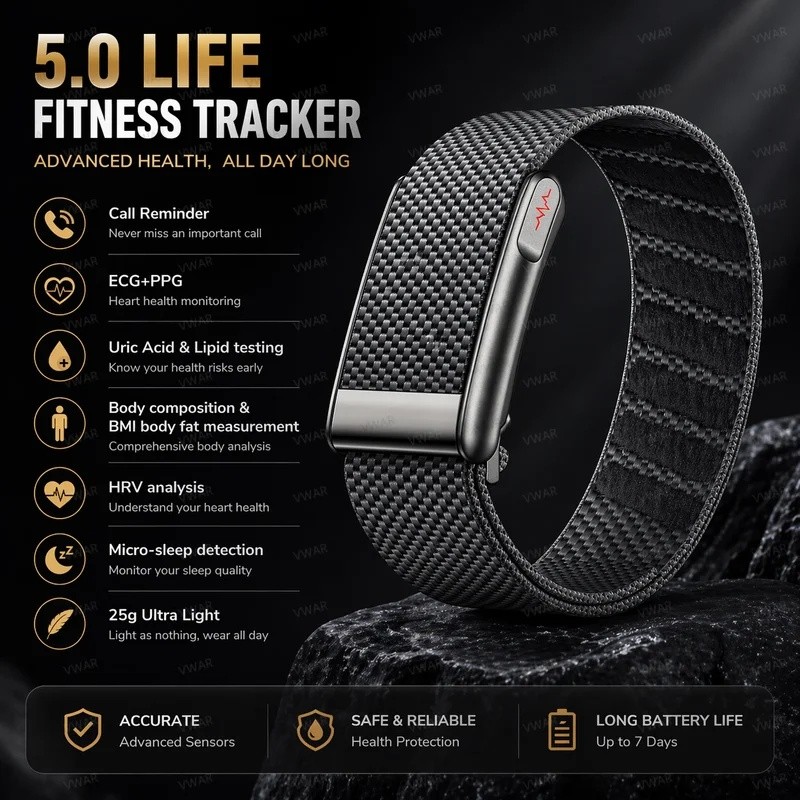 5.0 MG Fitness Tracker พยาบาลเกรดสมาร์ทสร้อยข้อมือ SpO2 เลือด Lipid Uric Acid ECG + PPG กันน้ําอุณหภูมิร่างกายกีฬา Band