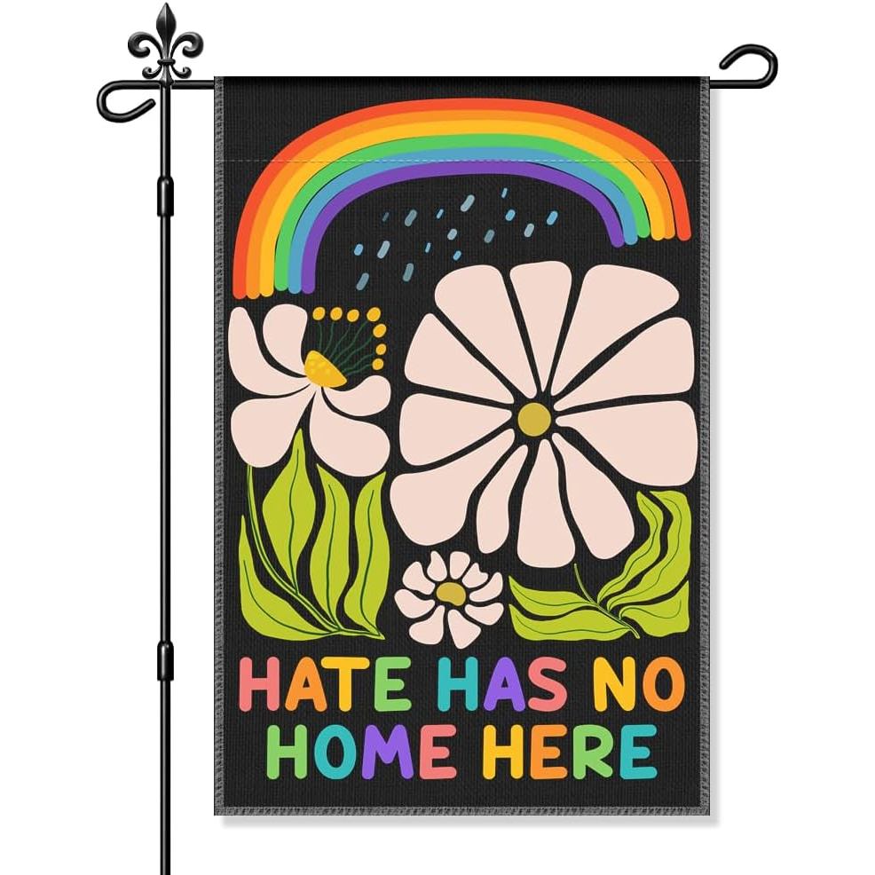 Hate มี No Home Here Garden Flag, Funny Retro Floral Yard Flags for Outside, Rainbow LGBTQ Support P