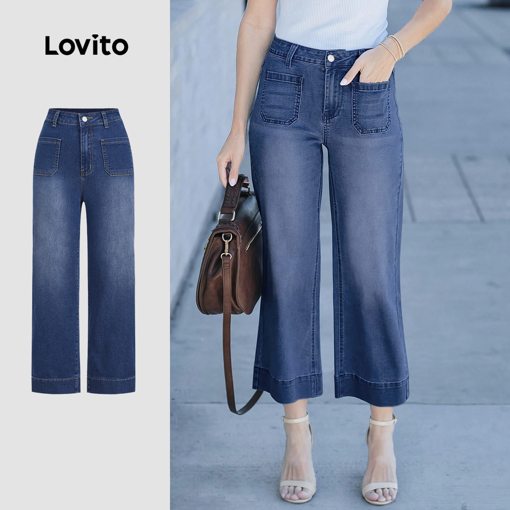 (New Arrival) Lovito กางเกงยีนส์สีฟ้าสบาย ๆ สําหรับผู้หญิง ทรงผ่อนคลาย ซักล้าง สไตล์สปริง/ฤดูร้อน เก