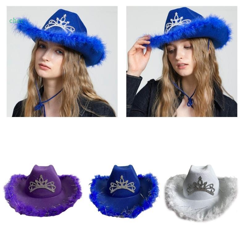 Char ตลกหมวก Cowgirls หมวก Furry Trims สุภาพสตรี Western หมวกสําหรับผู้หญิง Fedoras Western Cowgirls