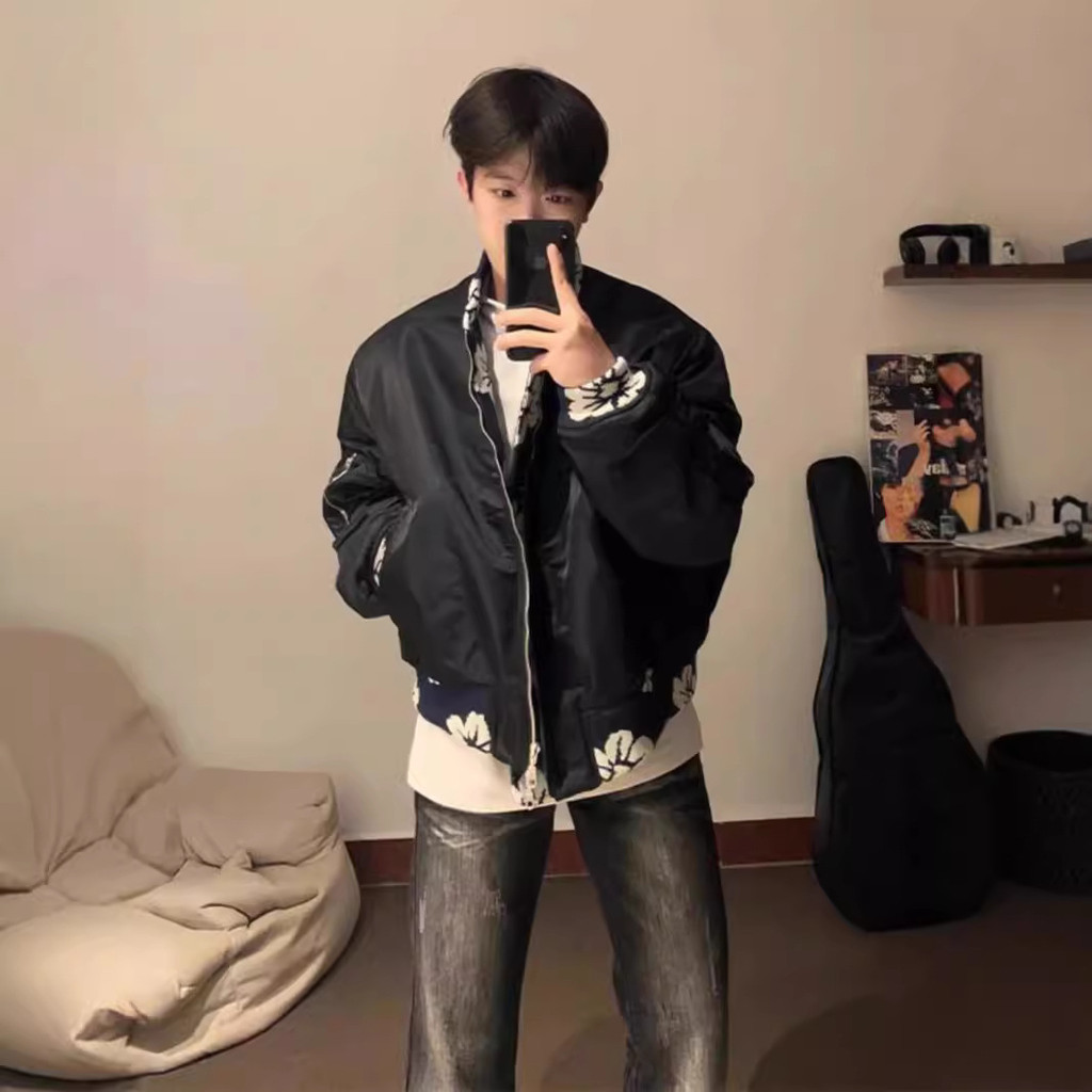 Jacquard Bomber American Short Jacket Mens High-End Feeling ma1 Bomber Jacket Summer cleanfit ชุดเบส